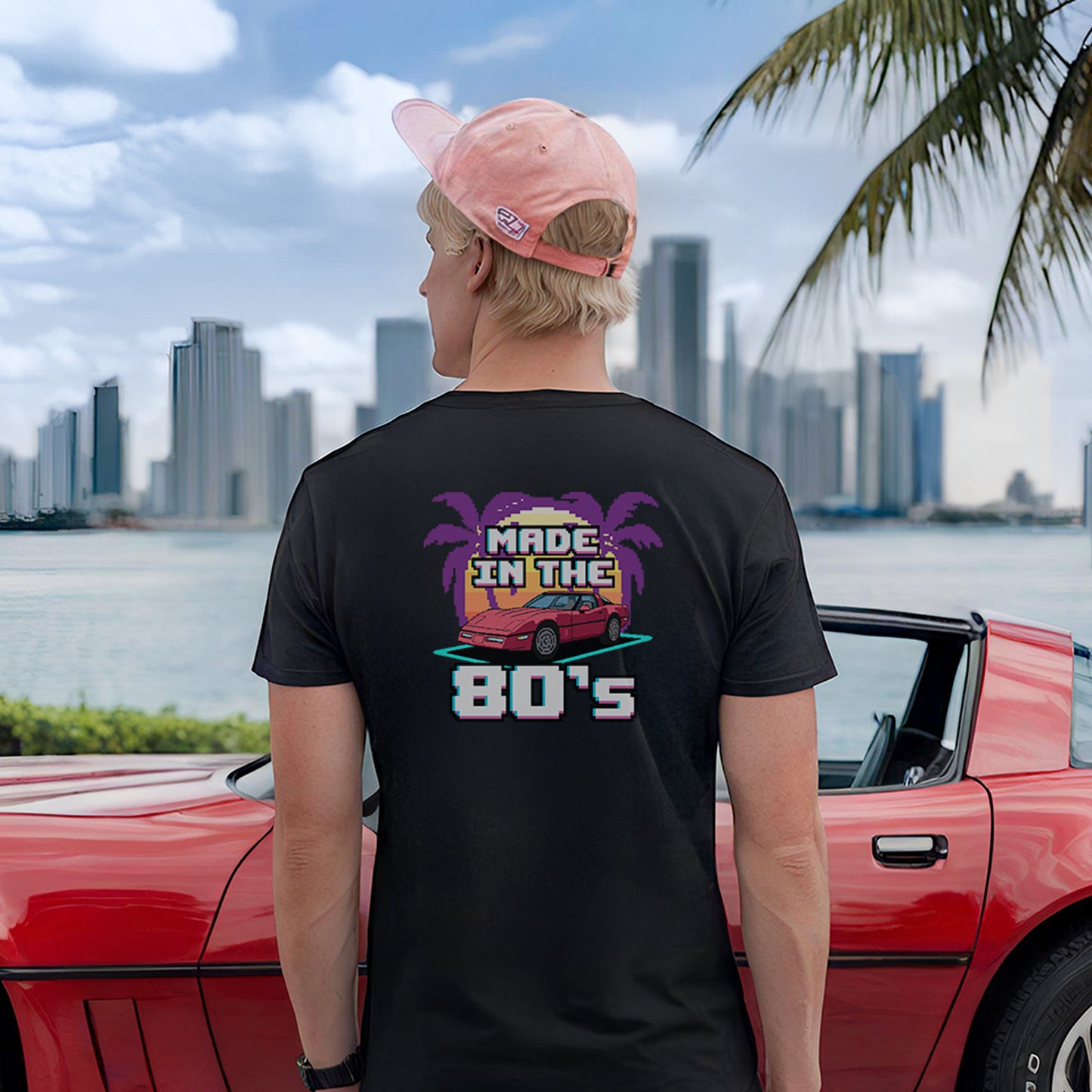 80s Corvette Retro T-Shirt, A Nostalgic 80s Graphic using Pixel Art Of The C4 Corvette With A Sunset Palm Trees T-Shirt, Chevy Gift For Him