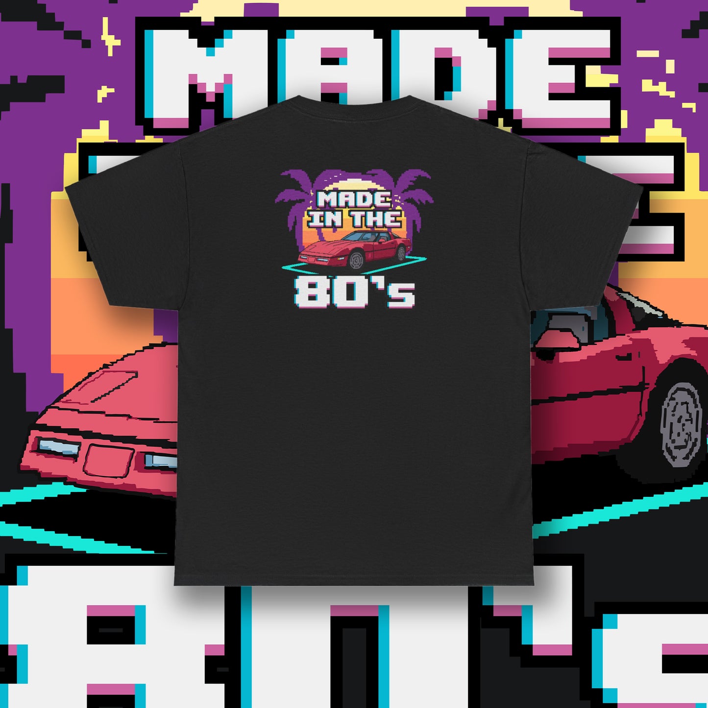 80s Corvette Retro T-Shirt, A Nostalgic 80s Graphic using Pixel Art Of The C4 Corvette With A Sunset Palm Trees T-Shirt, Chevy Gift For Him