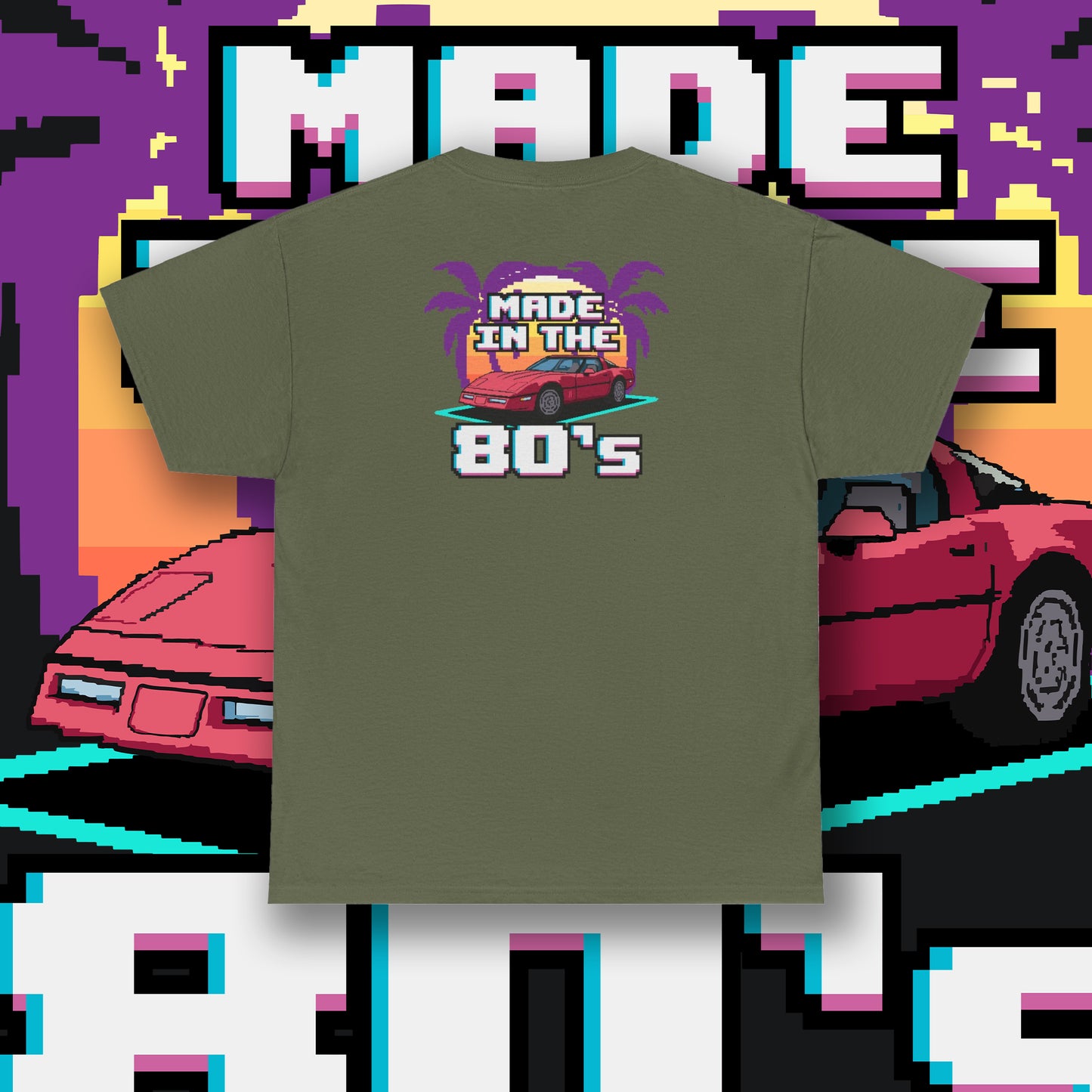 80s Corvette Retro T-Shirt, A Nostalgic 80s Graphic using Pixel Art Of The C4 Corvette With A Sunset Palm Trees T-Shirt, Chevy Gift For Him