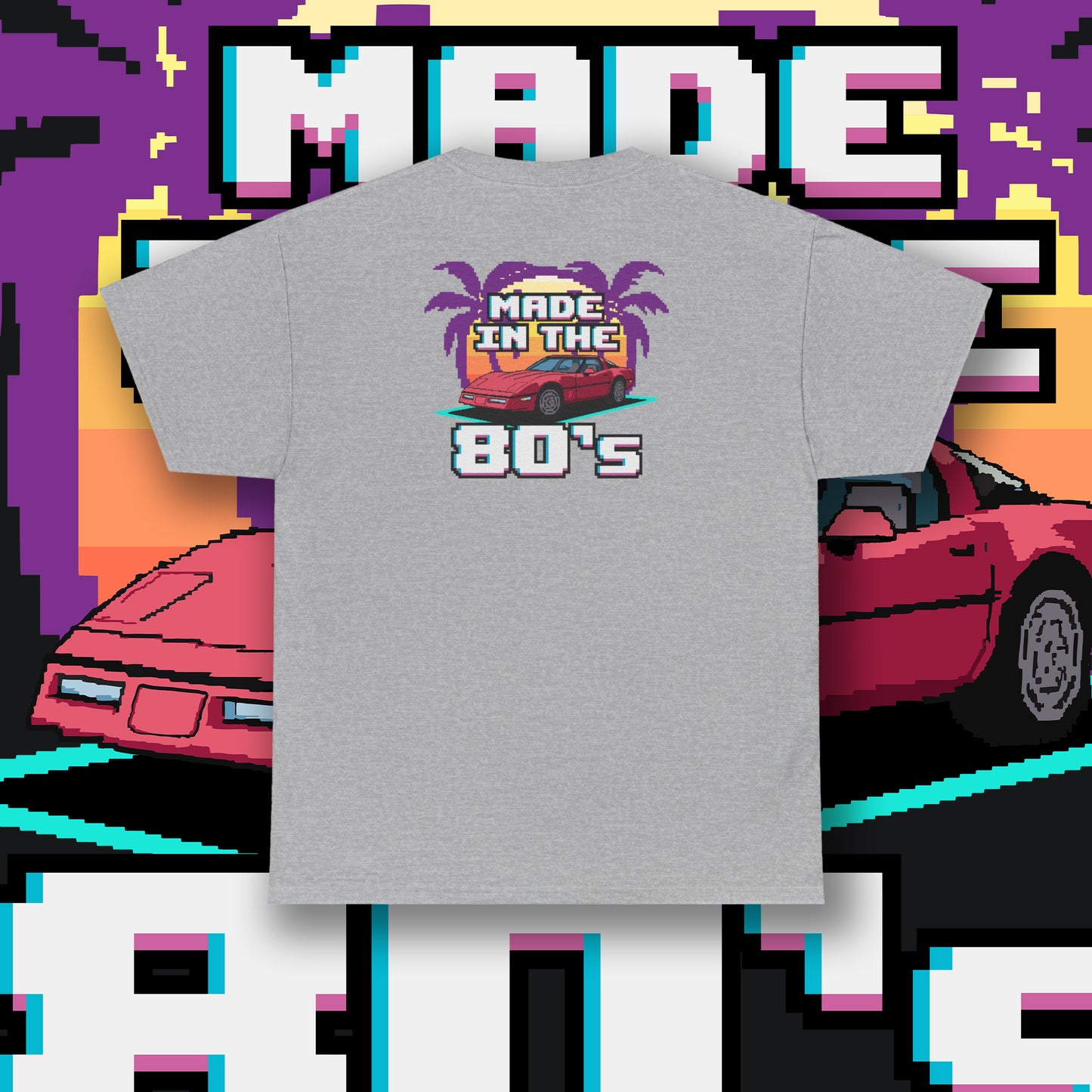 80s Corvette Retro T-Shirt, A Nostalgic 80s Graphic using Pixel Art Of The C4 Corvette With A Sunset Palm Trees T-Shirt, Chevy Gift For Him