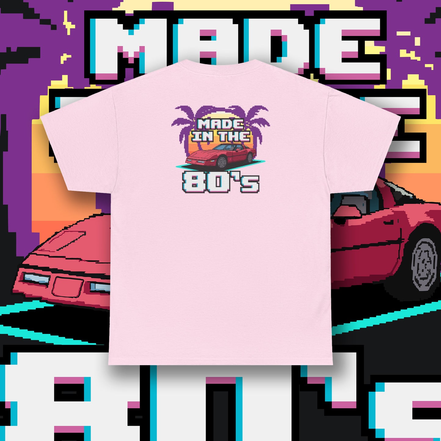 80s Corvette Retro T-Shirt, A Nostalgic 80s Graphic using Pixel Art Of The C4 Corvette With A Sunset Palm Trees T-Shirt, Chevy Gift For Him