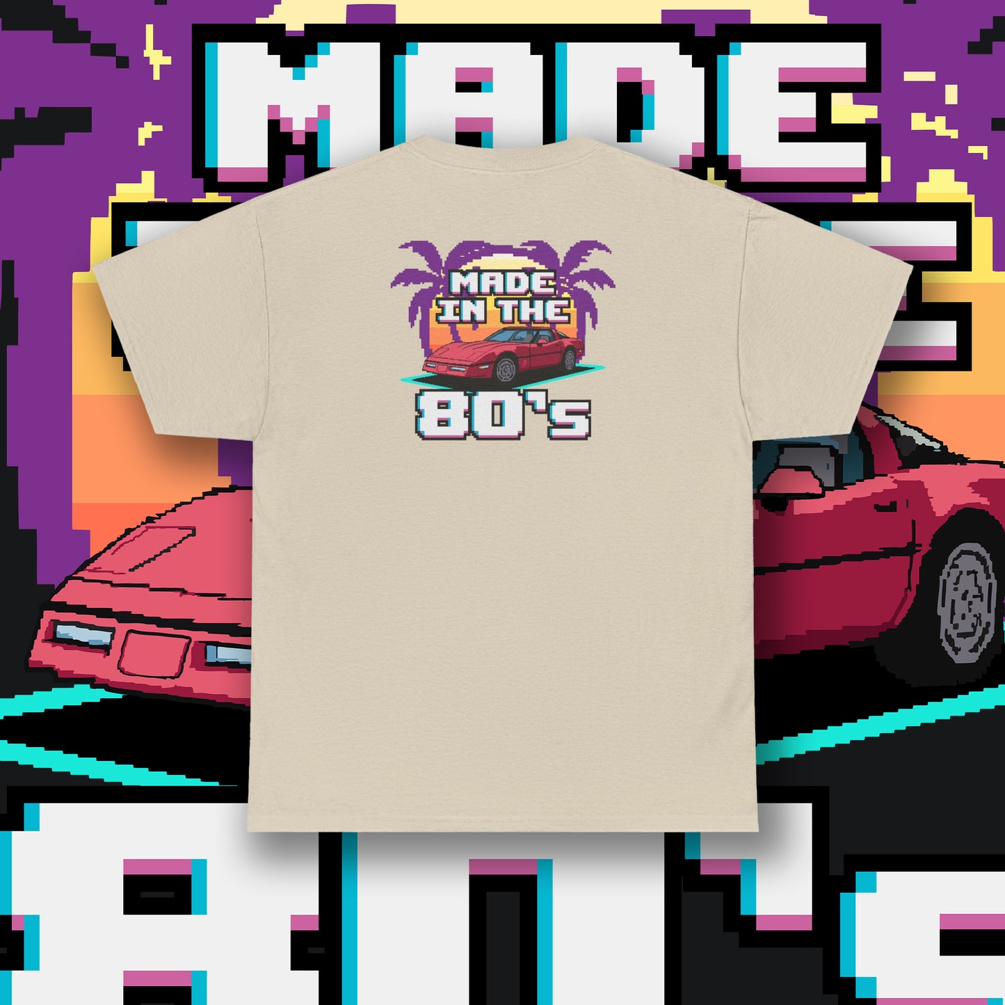 80s Corvette Retro T-Shirt, A Nostalgic 80s Graphic using Pixel Art Of The C4 Corvette With A Sunset Palm Trees T-Shirt, Chevy Gift For Him