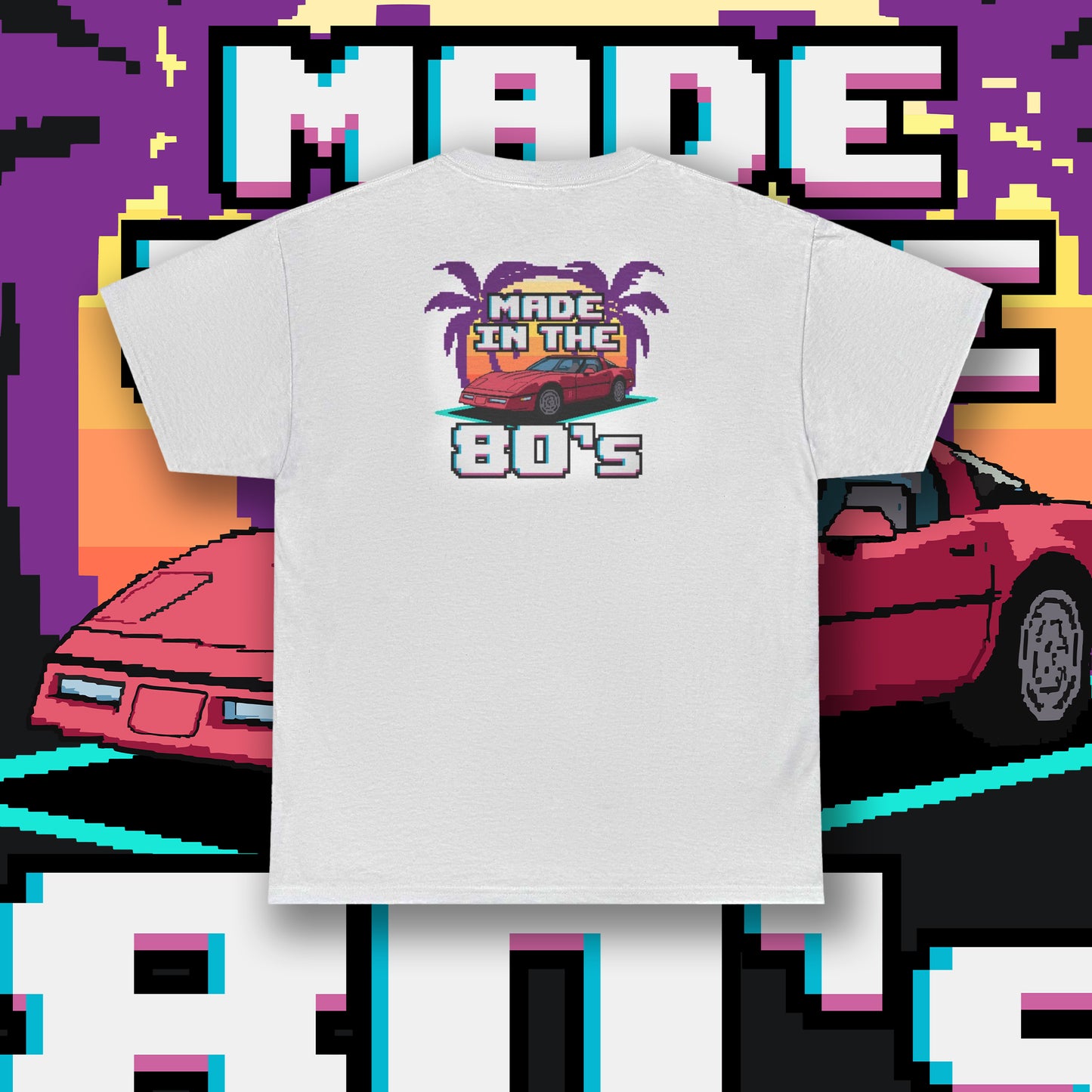 80s Corvette Retro T-Shirt, A Nostalgic 80s Graphic using Pixel Art Of The C4 Corvette With A Sunset Palm Trees T-Shirt, Chevy Gift For Him