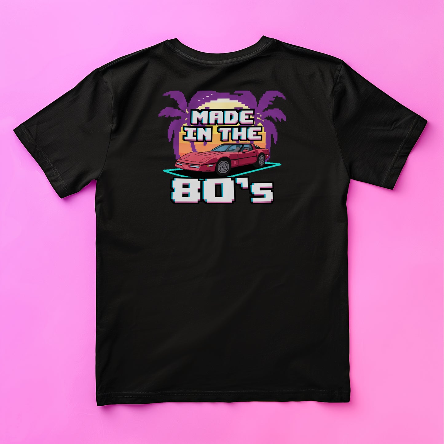80s Corvette Retro T-Shirt, A Nostalgic 80s Graphic using Pixel Art Of The C4 Corvette With A Sunset Palm Trees T-Shirt, Chevy Gift For Him